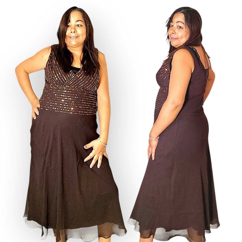 Dressbarn Womens Large Brown Maxi Dress with Sequin Details